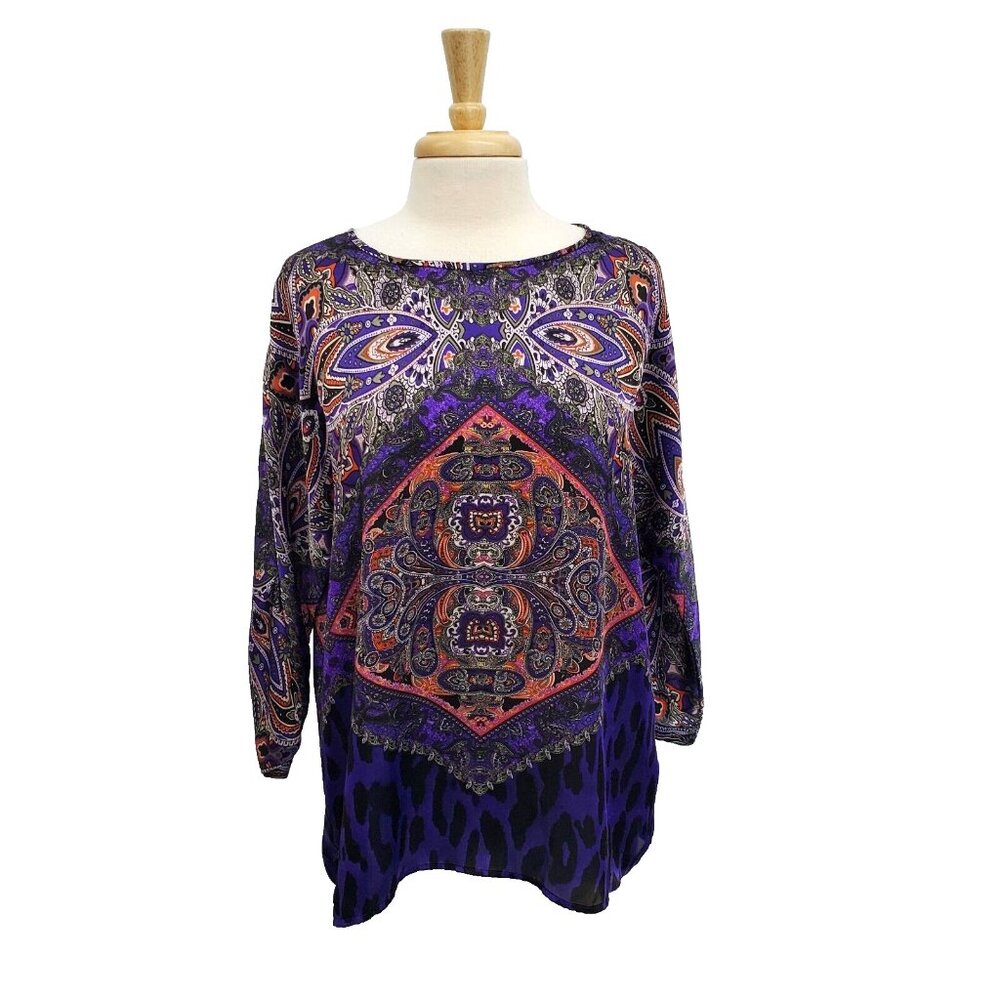 Chico's Womens Career Top‎ Size 2 (Large) Purple Paisley Satin Blouse 3/4 Sleeve